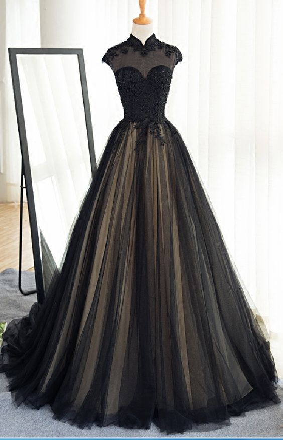 Black High Collar Prom Dressa Line Lace Prom Dressfashion Prom Dresssexy Party Dresscustom 5888